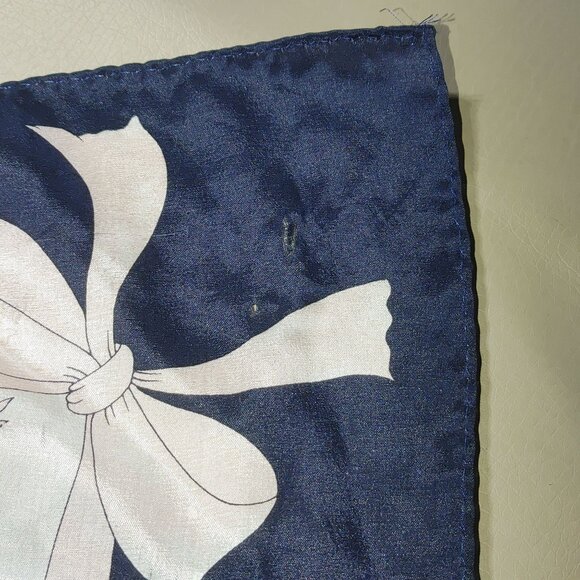 Flowers Floral Print Satin Square Scarf 30 by 30 Navy Border Bow Design - Picture 6 of 12